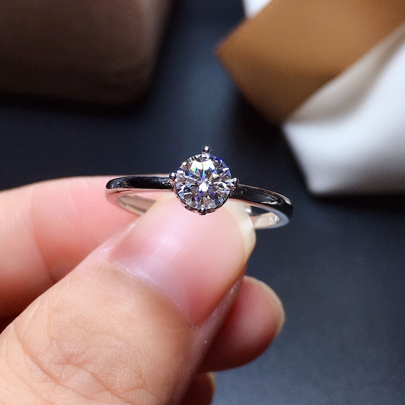 Brilliant Round Cut Solitaire Moissanite Stacking Ring Simulated Diamond Anniversary Ring Gift for Her Solid 18K White Gold Band