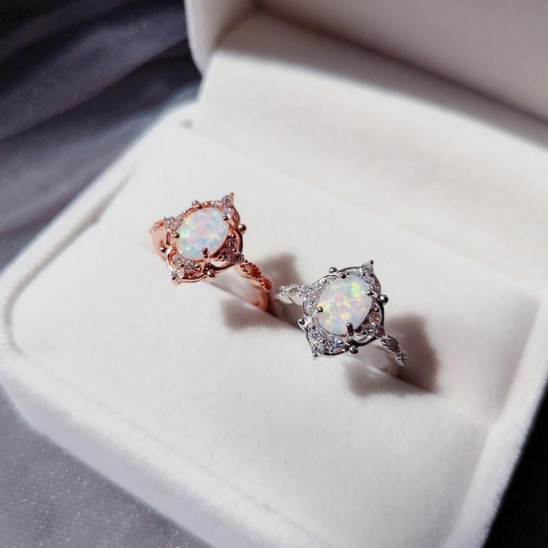 Sterling Silver Opal Ring,White Opal Ring,October Birthstone Ring,Vintage Palace Adjustable Halo CZ Ring