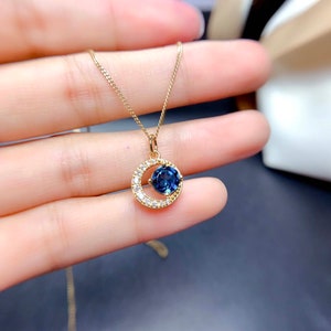 Natural London Blue Topaz Nekclace, Real Blue Gemstone Pendant Necklace, Diamond Topaz Jewelry, Birthstone Necklace Celebration Gift for Her