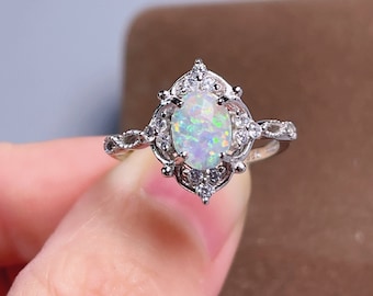 Sterling Silver Opal Ring,White Opal Ring,October Birthstone Ring,Vintage Palace Adjustable Halo CZ Ring