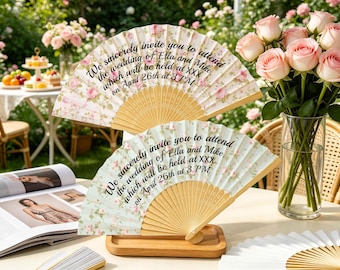 Custom Floral Wedding Invitation Fan, Flower Handheld Fans, Personalized Wedding Invitations Keepsake