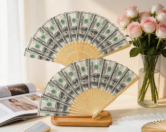100 Dollar Bill Bamboo Folding Hand Fan, Funny Money Print Fan for Casino & Party