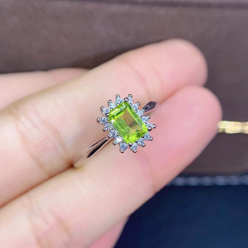 CZ Diamond Ring Genuine Green Gemstone Peridot Ring Natural Rectangle Peridot Ring Sterling Silver Band Ring August Birthstone Ring