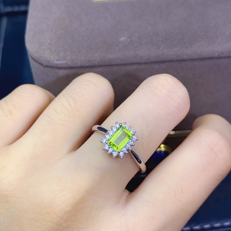 CZ Diamond Ring Genuine Green Gemstone Peridot Ring Natural Rectangle Peridot Ring Sterling Silver Band Ring August Birthstone Ring