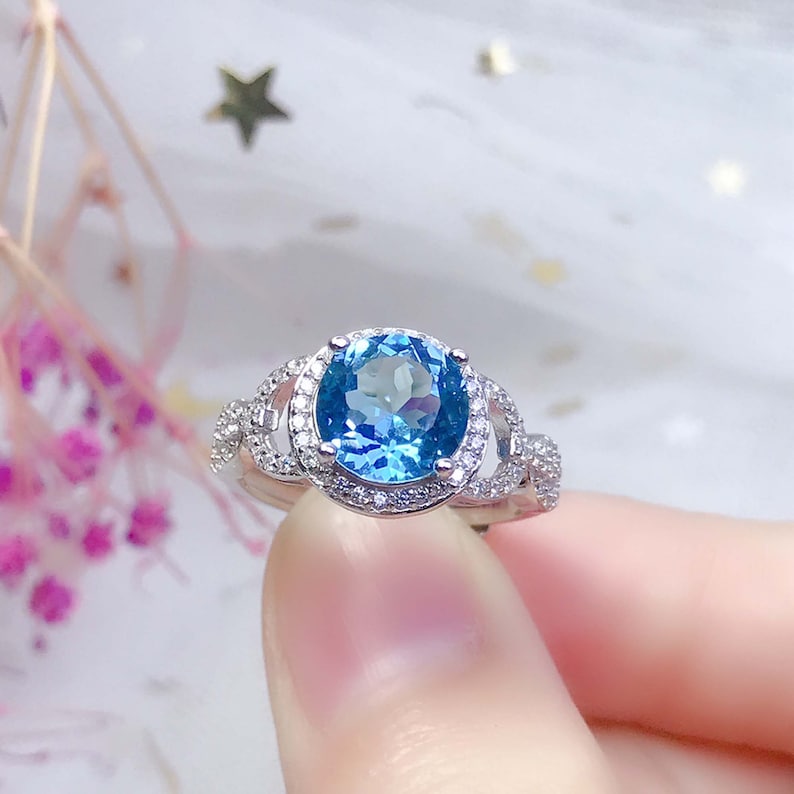 Topaz Ring Women Topaz Jewelry Natural Swiss Blue Topaz Gemstone Ring Rose Gold Ring Sterling Silver Ring 8*8mm Round Cut Blue Gemstone
