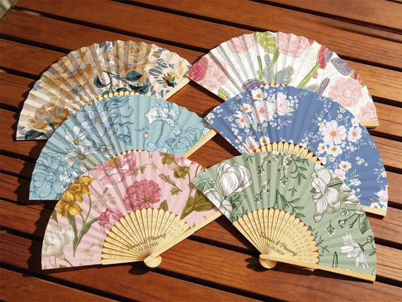 Engraved Floral Wedding Handheld Fans, Custom Name Bridal Party Paper Folding Fan, Wedding Favors