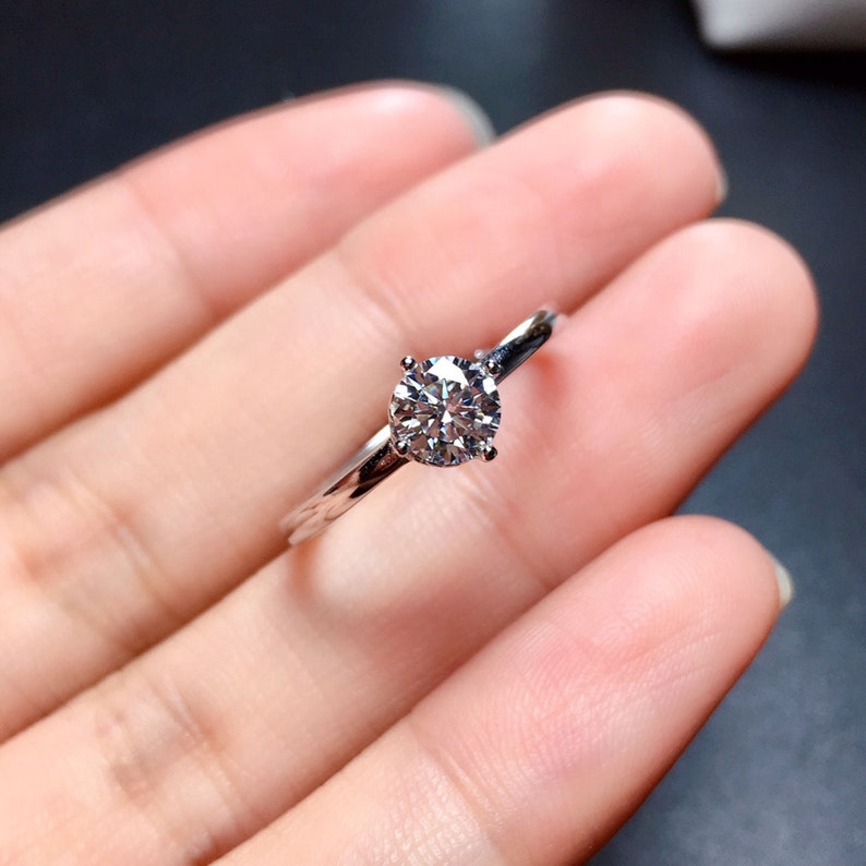 Brilliant Round Cut Solitaire Moissanite Stacking Ring Simulated Diamond Anniversary Ring Gift for Her Solid 18K White Gold Band