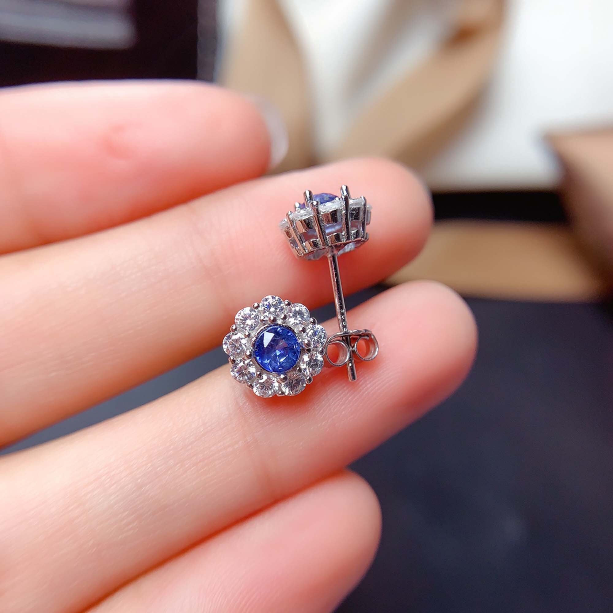 Sapphire Earrings Dainty Stud Earring Sterling Silver Etsy