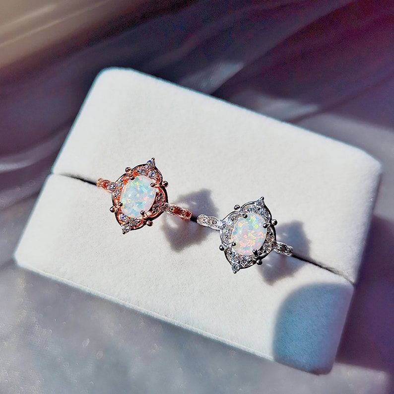 Sterling Silver Opal Ring,White Opal Ring,October Birthstone Ring,Vintage Palace Adjustable Halo CZ Ring
