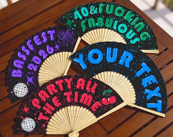 Custom Text Party Folding Black Fan, Personalized Rave & Festival Hand Fans, Party Favors