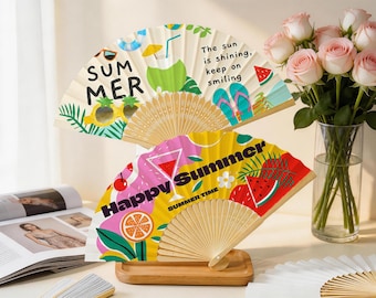Happy Summer Print Folding Fans, Tropical Beach & Party Hand Fan, Travel Accessories, Party Decor