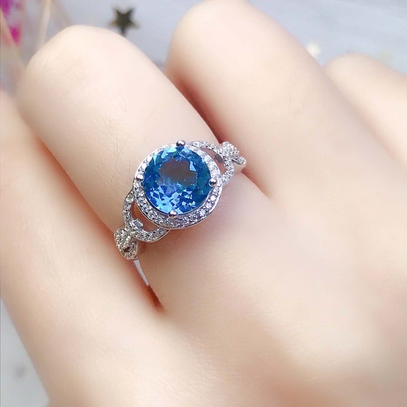 Topaz Ring Women Topaz Jewelry Natural Swiss Blue Topaz Gemstone Ring Rose Gold Ring Sterling Silver Ring 8*8mm Round Cut Blue Gemstone