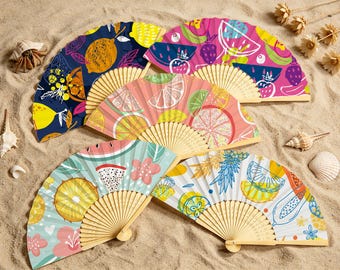 Bright Watercolor Fruit Pattern Foldable Fans, Colorful Party Favors, Photo Props for Summer Vacations