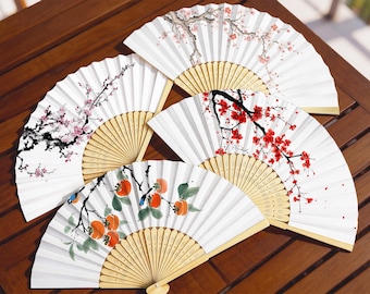Watercolor Floral Bamboo Folding Fan, Blossom Paper Fans, Chinese Ink Art Wedding Party Favor