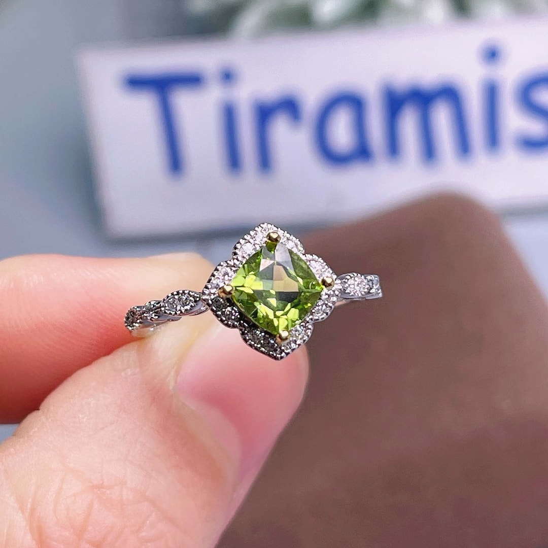 Natural Peridot Ring, Real Cushion Peridot, Solid Sterling Silver Ring
