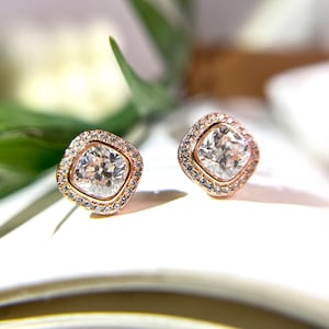Cushion Moissanite Earrings, Rose Gold Moissanite Earrings, Moissanite Stud Earrings, Moissanite Wedding Earrings, Anniversary Gifts