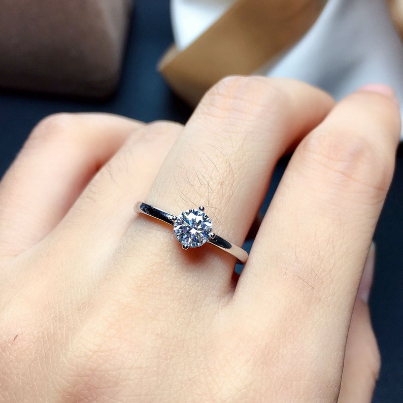 Brilliant Round Cut Solitaire Moissanite Stacking Ring Simulated Diamond Anniversary Ring Gift for Her Solid 18K White Gold Band