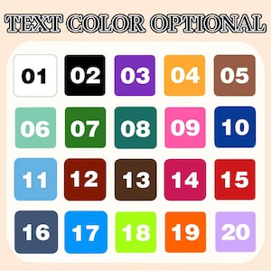 May include: A color chart with twenty numbered color swatches in various shades, including white, black, purple, orange, brown, teal, green, pink, and blue. The text "TEXT COLOR OPTIONAL" is at the top.