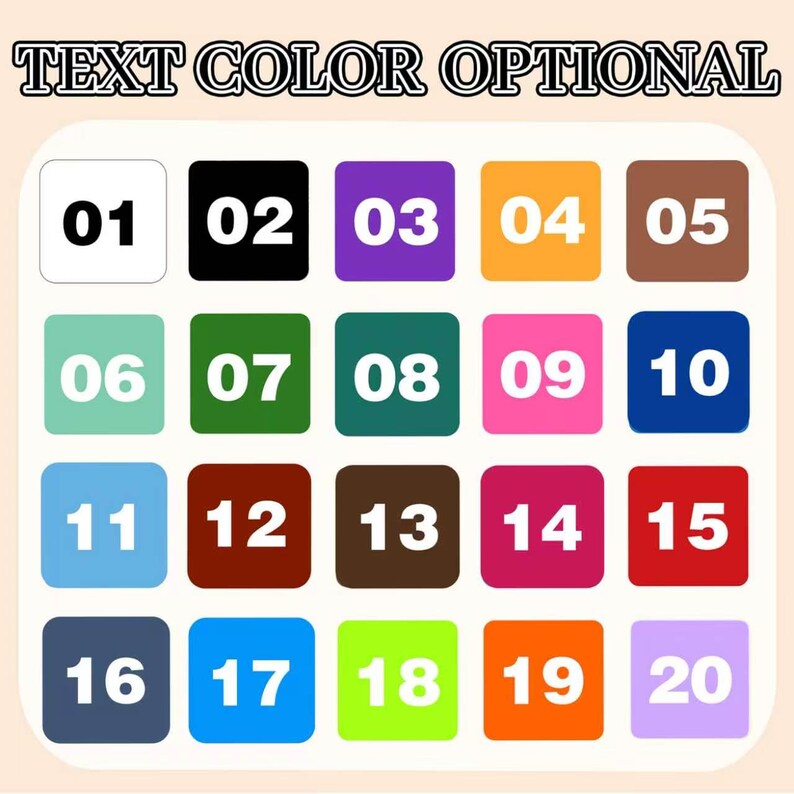 May include: A color chart with twenty numbered color swatches in various shades, including white, black, purple, orange, brown, teal, green, pink, and blue. The text "TEXT COLOR OPTIONAL" is at the top.