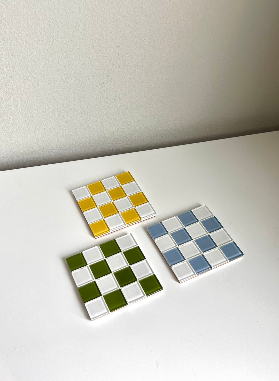 Tiled Coasters WHITE&___ TILED COASTER Translucent Solid, Checkered Statement Pieces ...