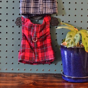 May include: Two plaid dog vests hanging on a pegboard. The top vest is blue and gray plaid, the bottom vest is red and black plaid. Both vests have a silver D-ring.