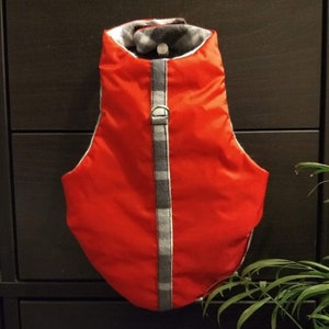 May include: Red dog vest with a black and white plaid lining and a gray strap with a metal buckle.