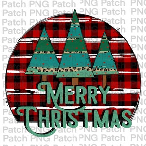 May include: A red and white buffalo plaid circle with three green Christmas trees and the text "Merry Christmas" in green.