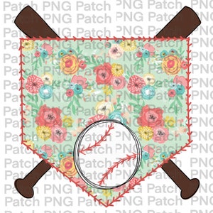 May include: A green and white floral baseball home plate with a brown baseball bat on each side and a white baseball in the centre.
