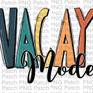 Op de afbeelding: Een kleurrijk grafisch ontwerp met de tekst "VACAY MODE" in zwarte schrijfletters. De letters in "VACAY" zijn in turquoise, geel, oranje en rood.