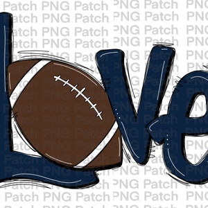 Op de afbeelding: Een blauw en wit grafisch ontwerp van het woord "Love" met een bruine en witte voetbal in het midden van de "L".