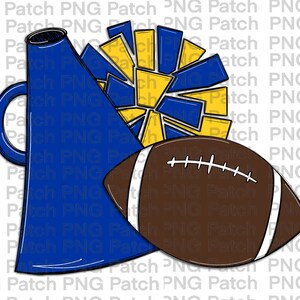 May include: A blue megaphone, yellow and blue pom-poms, and a brown football with white stripes are depicted in this illustration. The objects are associated with school spirit and sports.
