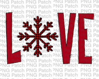 Amor, Con buffalo Plaid Snowflakes, Archivo PNG de Navidad, Diseño de Sublimación de Vacaciones, Descarga Digital, Clipart, Descarga Instantánea, Invierno