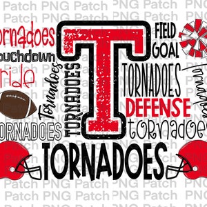 May include: A red and black graphic design with the letter T in the center. The graphic includes the words "Tornadoes", "Touchdown", "Pride", "Field Goal", "Defense", and "Tornadoes" repeated multiple times. There are also images of a football, a cheerleader's pom-pom, and two football helmets.