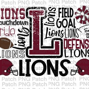 Può includere: Un design grafico marrone e nero con la parola "LIONS" ripetuta più volte. Il design include anche un pallone da football, un casco, un pompon di cheerleader e le parole "Touchdown", "Pride", "Field Goal" e "Defense".