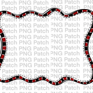 May include: A black and red wavy frame with a white background. The frame has a dashed line along the edge and a solid line along the inside.