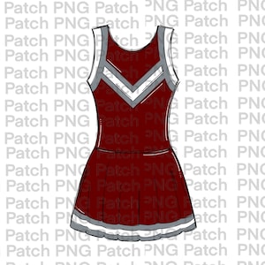 Può includere: Uniforme da cheerleader rosso e bianco con un design a V bianco sul corpetto e un bordo bianco intorno alla gonna.