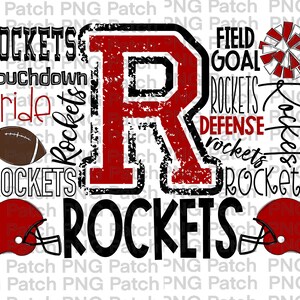 May include: Red and black graphic design with the letter "R" in the center. The graphic includes the words "Rockets", "Touchdown", "Pride", "Field Goal", "Defense", and "Rockets". There are also images of a football, a cheerleader's pom-pom, and two football helmets.