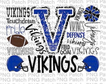 Vikings Football Typography, Royal Black, Mascot PNG File, Team Digital Design, Cheer, Football Sublimation Designs, Printable DTF