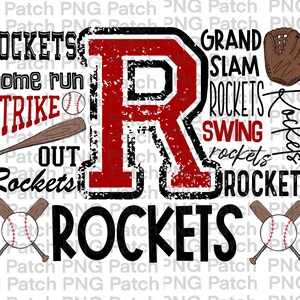 May include: A red and black baseball graphic with the letter "R" in the center. The graphic includes the words "ROCKETS", "home run", "STRIKE", "OUT", "GRAND SLAM", "SWING", and "rockets".