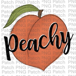 May include: A peach with a green leaf and stem, with the word "Peachy" written in black cursive script.