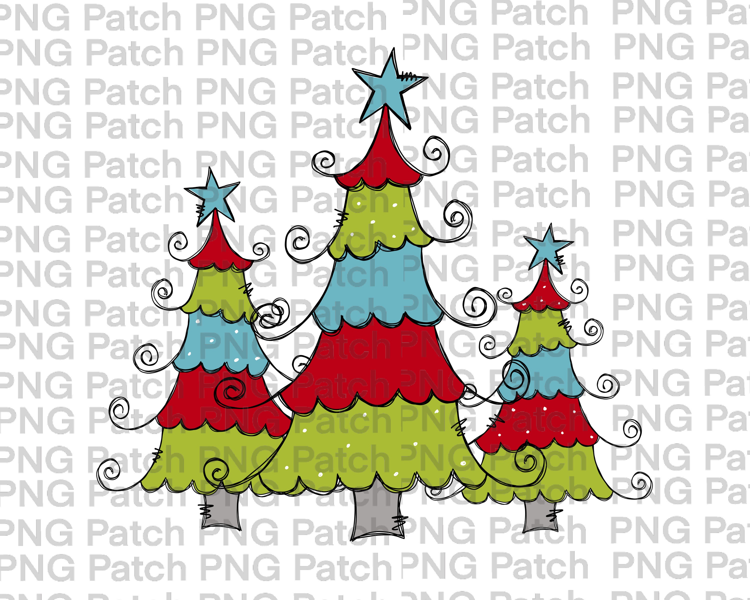 Curly Christmas Trees, Christmas Presents PNG Digital Design, Christmas Sublimation Designs, Print and Cut, Digital Download, Printable