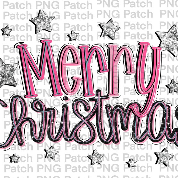 Pink Glitter Merry Christmas PNG | Sparkly Faux Glitter Stars | Preppy Sublimation Design | Glam PNG | Printable Digital | Hand Drawn