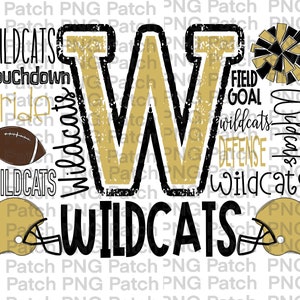 May include: A graphic design featuring the word "WILDCATS" in various fonts and sizes, along with a large letter "W". The design includes a football, helmets, and cheerleading pom-poms in gold, black, and white.