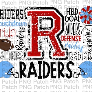 Könnte beinhalten: Ein roter und schwarzer Buchstabe R mit dem Wort "RAIDERS" in schwarzer Schrift und anderen Wörtern in Schwarz und Blau. Die Wörter beinhalten "Touchdown", "Pride", "Field Goal", "Defense" und "Raiders". Es gibt einen Fußball und zwei blaue Helme.