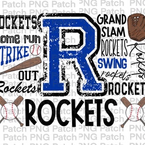 Puede incluir: Un gráfico azul y negro con la letra "R" en el centro. El gráfico incluye las palabras "Rockets", "home run", "strike", "out", "Grand Slam", "Swing" y "rockets". Hay dos pelotas de béisbol y dos bates cruzados en la parte inferior del gráfico.
