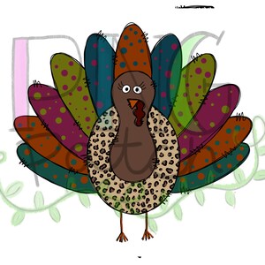 May include: A cartoon turkey illustration with a brown body featuring a leopard print design. The turkey has a colorful fan of feathers in shades of teal, orange, purple, and green, each with polka dots. The image has a white background.