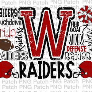 Könnte beinhalten: Ein rotes und schwarzes Grafikdesign mit dem Buchstaben W in der Mitte. Das Design enthält die Wörter "Raiders", "Touchdown", "Pride", "Field Goal", "Defense" und "Raiders" in einer verwitterten Schriftart. Außerdem sind ein Fußball und ein Cheerleader-Pompon zu sehen.