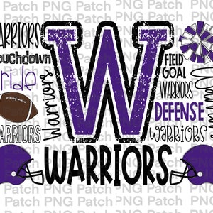 Könnte beinhalten: Lila und schwarzes Grafik mit dem Buchstaben W in der Mitte. Der Buchstabe W ist umgeben von den Wörtern "Warriors", "Touchdown", "Pride", "Field Goal Warriors", "Defense Warriors" und "Warriors". Es gibt einen Fußball, einen lila und weißen Cheerleader-Pompon und zwei lila Fußballhelme.