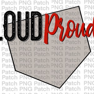 Puede incluir: Un diseño gráfico en negro y rojo con las palabras "LOUD Proud" en una fuente en negrita y estilizada. Las palabras se colocan sobre una forma gris de cinco lados.