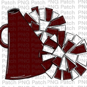 May include: A maroon megaphone and two pom-poms in a vector illustration. The pom-poms are composed of maroon and white triangular shapes. The megaphone has a handle and a flared opening. The image is set against a white background.